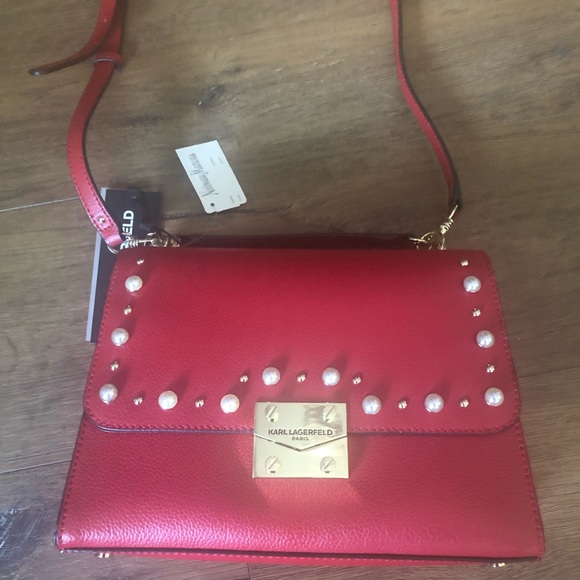KARL LAGERFELD-NWT Red Leather Crossbody Handbag with Pearl Accents - Picture 1 of 16